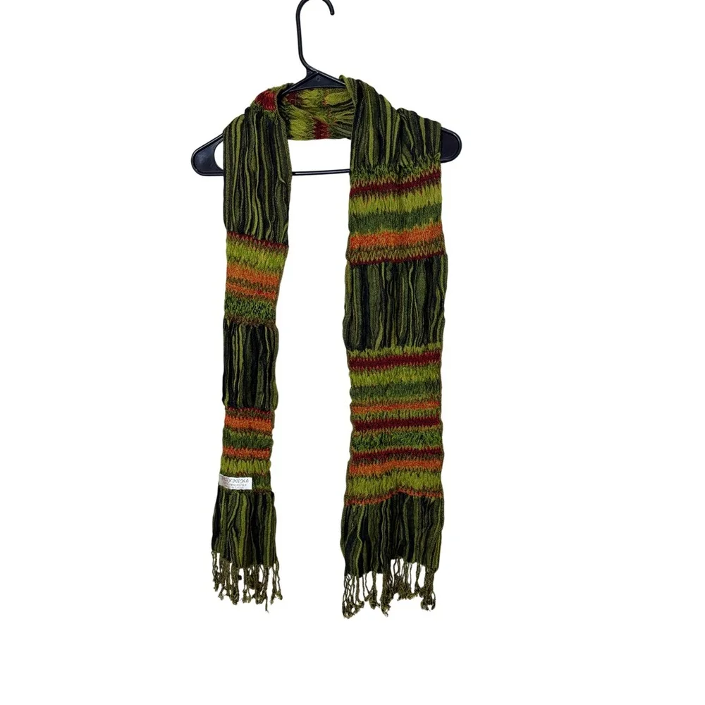 PASHMINA Scarf 55% Pashmina 45% Silk Stripe Fringe Green Orange Red‎